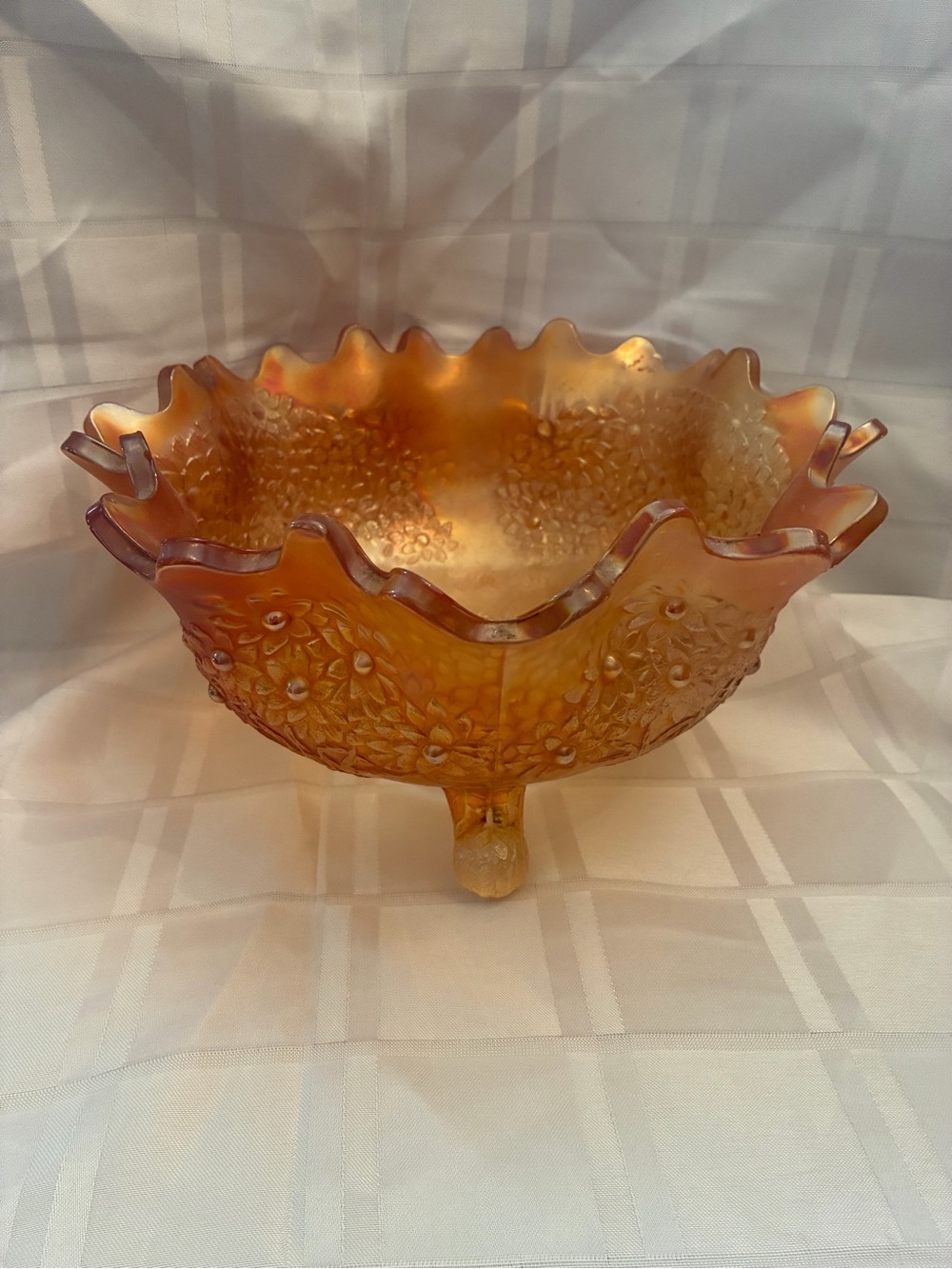 Iridescent Orange Carnival Glass Footed Decorative Bowl